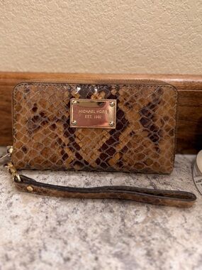 Michael Kors Tan and Brown Snakeskin Zip Wristlet
